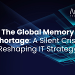 A cinematic long-exposure shot of a data center with blurred lights, symbolizing the global memory shortage and the impact of the server memory shortage on IT infrastructure.